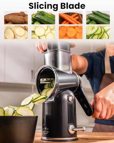 Image of Zulay Kitchen Rotary Cheese Grater 5 Blade Cheese Shredder - Manual Hand Crank Cheese Grater With Reinforced Suction & 5 Interchangeable Drums - Easy to Use, Vegetable Chopper Round Mandoline Slicer