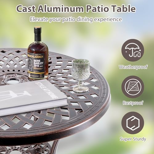 Image of Giantex 31 inch Patio Bistro Table, Cast Aluminum Outdoor Side Table with Umbrella Hole & Bottom Shelf, Appealing All-Weather Round Dining Table for Yard, Porch, Garden
