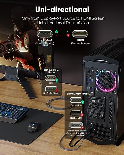 Highwings 4K DisplayPort to HDMI, 6.6ft Uni-Directional DP (Source) to HDMI (Display) 1.4 Cable, 4K@30Hz, 2K@60Hz, 1080P Full HD, Braided Cord for Dell, NVIDIA, AMD, Monitor, Projector (Grey) - Image 5