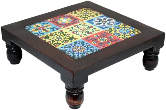JGARTS 8 inches Small Wooden Wood Chowki with 9 Colorful Tiles Embedded on Bajot Square Shape Decorative Design for Pooja Items
