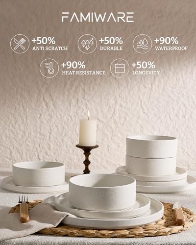 Image of Famiware Nebula Plates and Bowls Sets, 24 Pieces Stoneware Dinnerware Sets, Reactive Glaze Dish Set, Dishes Set for 8, Matte Beige White