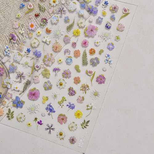 Image of Flower Nail Stickers for Nail Art Spring Nail Decals 5D Embossed Self-Adhesive Nails Charms Floral Nails Design Supplies Decoration Accessories for Women 1 Sheets