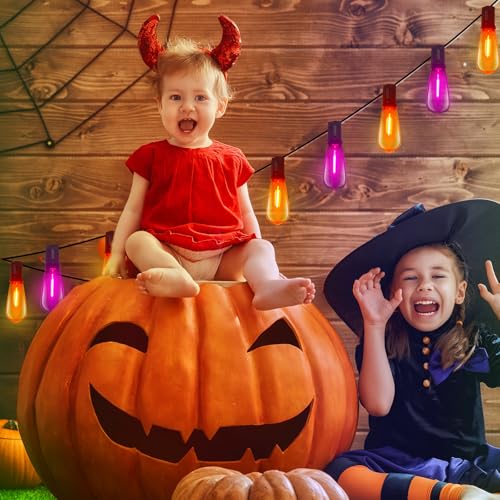 Image of GOOTHY LED Outdoor Halloween Orange and Purple String Lights 10Ft Halloween Decorations Lights with 11 Shatterproof Bulbs, Hanging Patio Lights Outdoor Waterproof for Party Backyard Garden Decor