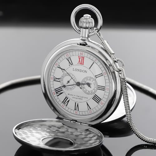 Image of Copper Pocket Watch Steampunk Roman Number Scale Mechanical London Hand Wind Mens Watches with Chains & Boxs