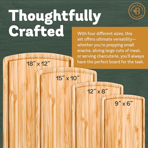Wood Cutting Board - 4 Piece Bamboo Cutting Board Set, Wooden Cutting Boards for Kitchen with Deep Juice Groove, Side Handles - Chopping Boards for Meat, Vegetables, Charcuterie - Kitchen Gift Set - Image 3