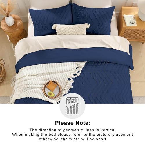 Image of Andency Navy Blue Comforter Set Queen Size, Boho Soft Warm Tufted Bedding Comforter Sets for Queen Size Bed, 3 Pieces Aesthetic Chevron Farmhouse Cute Bohemian Textured Bed Set