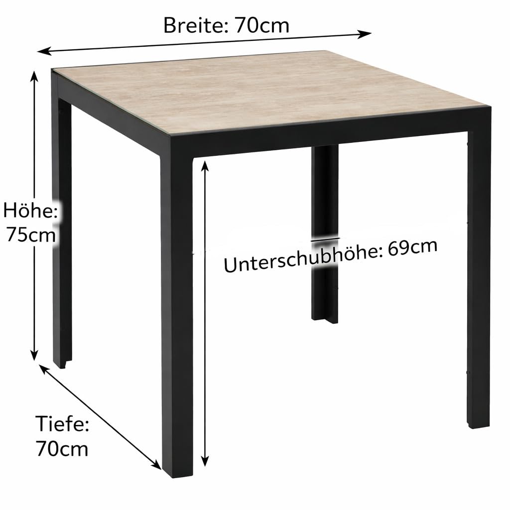 DEGAMO Bistrotisch Gartentisch Roma 70x70cm, Aluminium anthrazit + Glas Keramikoptik naturfarben, Outdoor