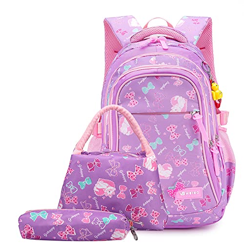 WSLCN Conjunto de mochilas escolares bolsas de livro para escola primária com lancheira e estojo de lápis, Roxa, M, Macia