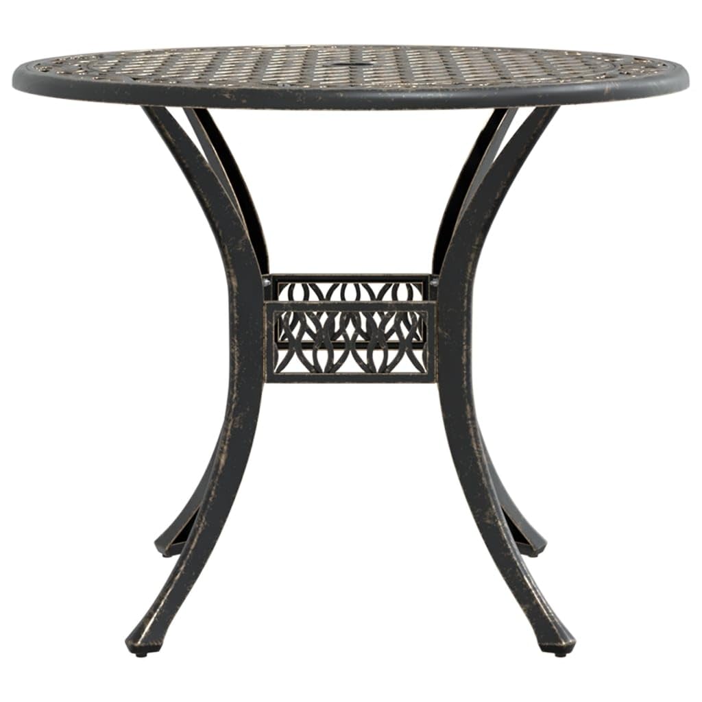 Stół ogrodowy z brązu, odlew aluminiowy, Ø 90 x 75 cm, stół tarasowy z otworem na parasol, stół balkonowy do ogrodu, na patio, kemping, stabilny stolik pomocniczy do jedzenia i pikniku