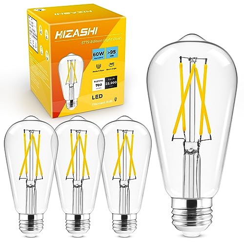Hizashi Edison Bulb 60 Watt LED, 2700K Dimmable LED Light Bulbs E26 Base, ST19 Vintage Light Bulbs Soft Warm White, 95+CRI, UL Listed,700 Lumens 6W, Clear Glass, Pack of 3 Warm White 2700k 3