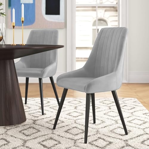 Image of Finch Fox Morris Velvet Dining Chair for Living Room, Bedroom, Home Office with Black Metal Legs in Light Grey Color (Set of 6)