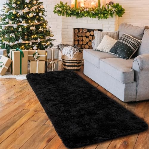 HOMORE Runner Rug 2x6 Black Rug for Bedroom, Fluffy Runner Rugs for Hallway Living Room, Non Slip Rugs for Indoor Entrance Memory Foam Carpet for Kids Room Dorm