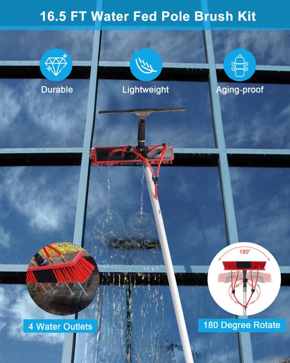 Image of 16.5ft Solar Panel Cleaning Brush & Squeegee, 2 Dusting Brush, Lightweight & Extendable Poles, Water Fed Poles Kit, Upgrade Window Washing Equipment