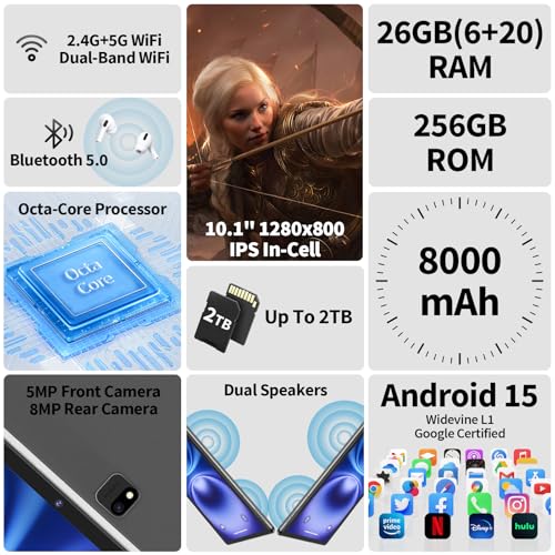 Image of Android Tablet with Keyboard, Android 15 Tablet 10 inch, 26GB+256GB+2TB Expand, 2-in-1 Tablets with 8-Core, 5G WiFi, 8000mAh, BT5.0, GMS, GPS, Gemini AI, Tablets PC with Mouse, Case, Stylus(Black)