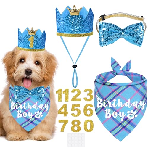 JOTFA Dog Birthday Party Supplies, Multi Sizes Dog Birthday Hat Crown with Numbers Bandana Boy Bow Tie for Small Dogs Pets (Light Blue, Small)