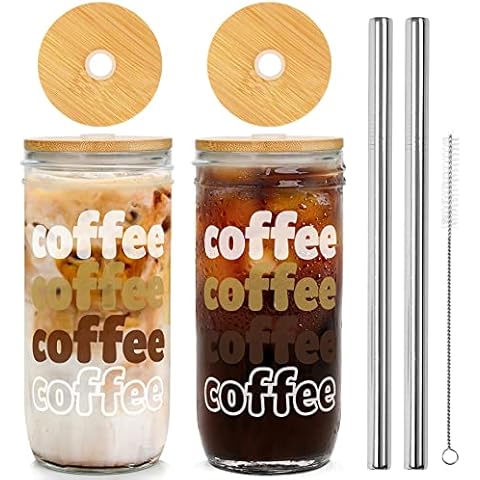 ANOTION Iced Coffee Cup, Mason Jar with Lid and Straw 24oz Wide Mouth Boba Cup Reusable Drinking Glasses Tumbler Smoothie Water Bottles Margaritas Juice Cocktail Travel Office Home, 2 Packs Cover