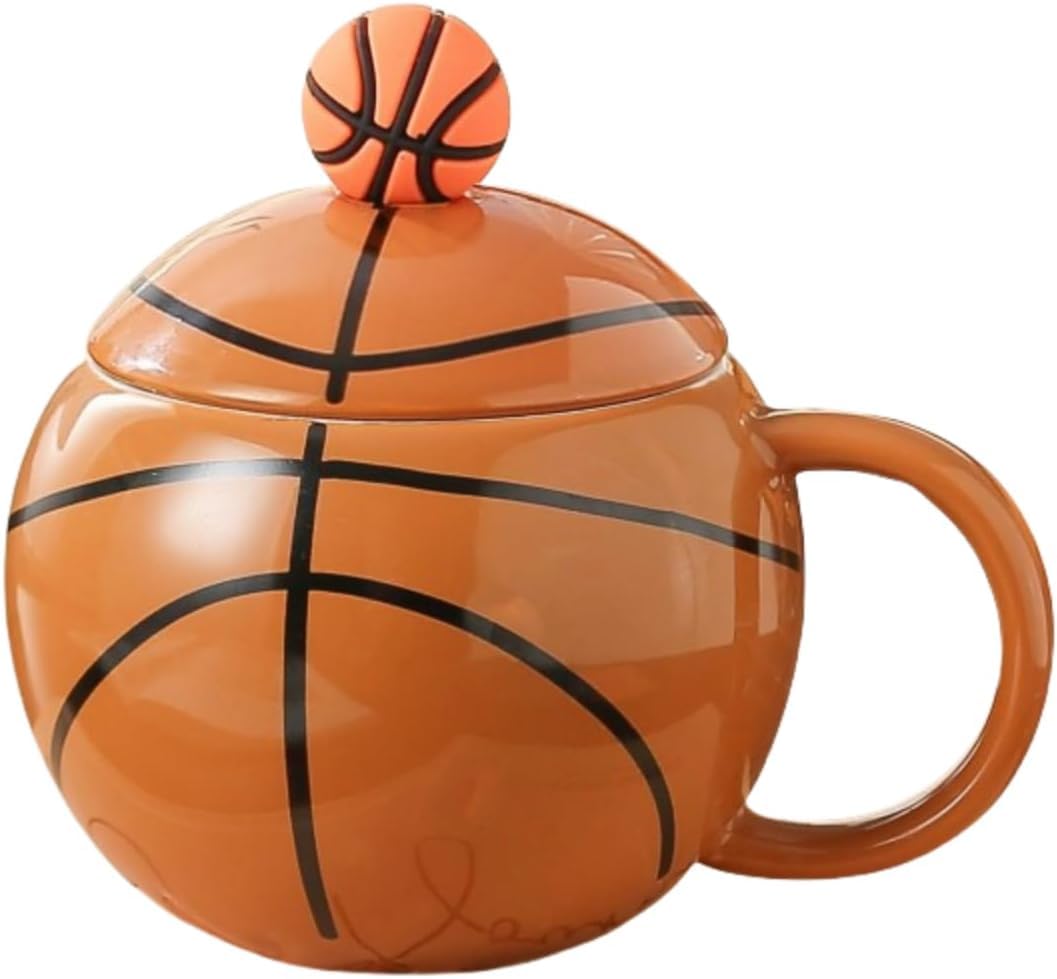 ZONSUSE Basketball Mug, Funny Basketball Coffee Cup, Creative Spherical Ceramic Cup with Lid, for Coffee, Milk, Creativity Gifts for Boys Girls Men Women 380ml (Basket-Ball B-Without a Spoon)