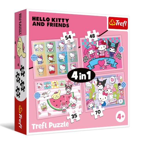 Trefl - Hello Kitty, Sweet Adventures – Puzzles 4 en 1, de 35 à 70 pièces – Différents Niveaux de difficulté, mettant en scène des Personnages de Contes de fées, à partir de 4 Ans