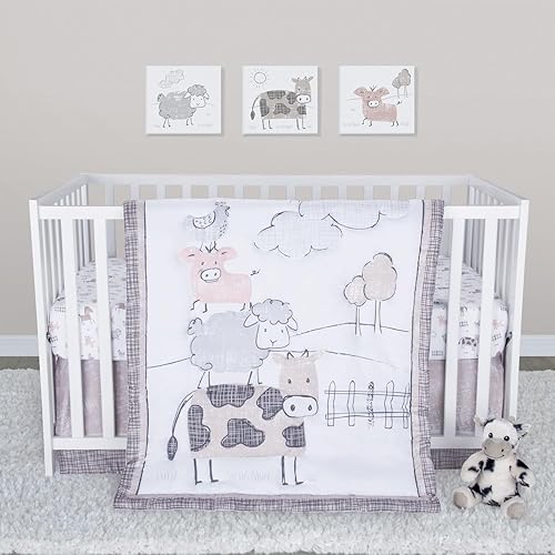 Image of Sammy & Lou Cottage Farm 4-Piece Baby Crib Bedding Set, Includes Quilt, Fitted Crib Sheets Neutral, Crib Skirt, and Plush Toy