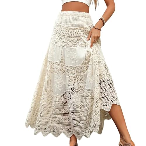Women's Retro Knitted Skirt Elastic High Waist Loose Casual Flowing Skirt Hollow Floral Drape A-Line Skirts