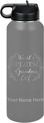 Miniatura 32 de LaserGram Botella de agua personalizada, World's Greatest Grandma, acero inoxidable de doble pared aislada al vacío con popote superior, regalo