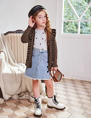 Image of Arshiner Girls Cardigan Sweaters Ruffle School Uniform Sweater V Neck Button Front Outerwear 4-13 Years