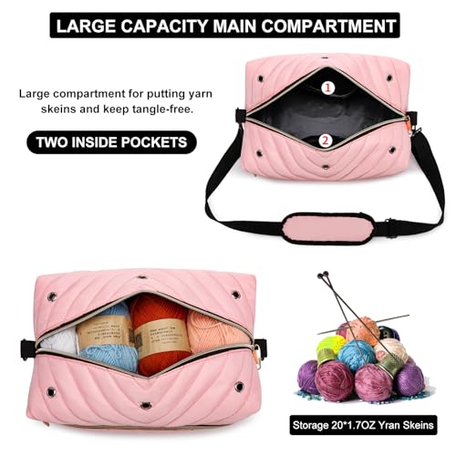 Image of Crochet Bag Organizer, Yarn Storage Organizer with Shoulder Strap, Stylish Knitting Bag for Crochet Accessories, Mothers Day Gifts, Crochet Yarn Supplies, Pink