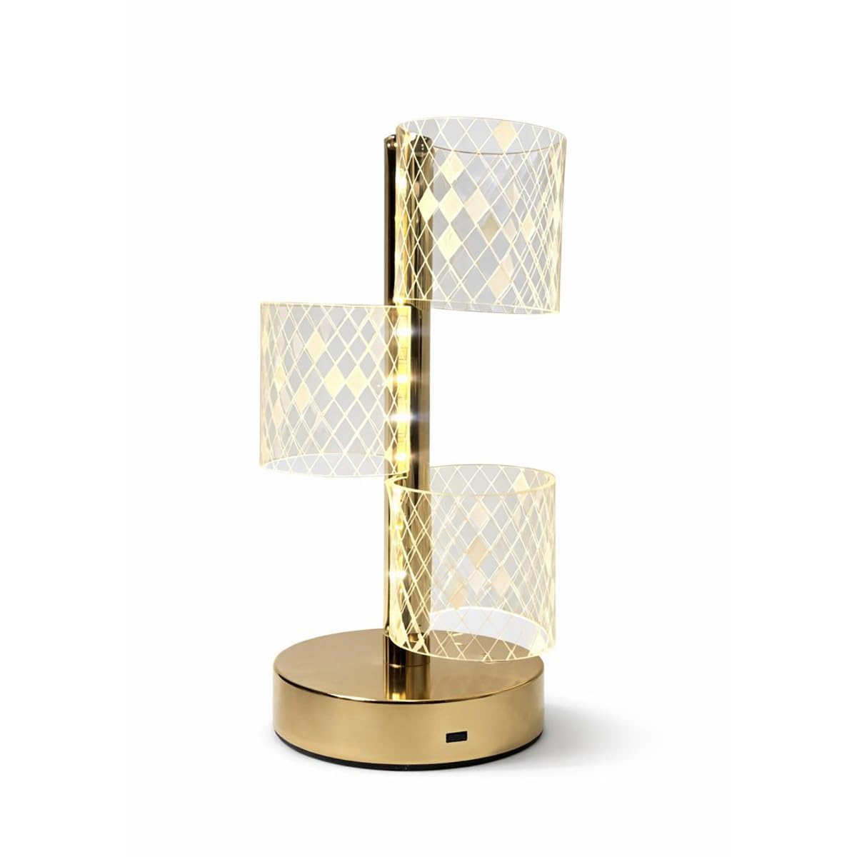 LED Table Lamp with 3 Crystal Acrylic Shades, Gold Finish | USB Rechargeable, Diamond Pattern Shade, Warm White Light, Bedside Decor, 3-Tier Design-image-20
