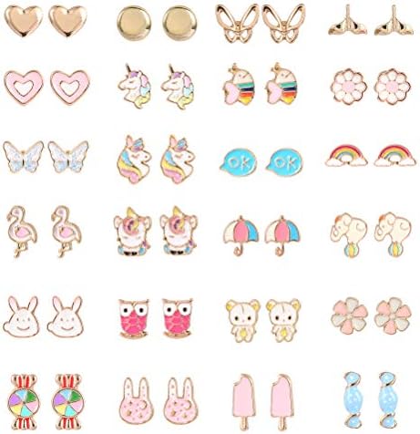 24 Pairs Hypoallergenic Earrings Set for Girls Teens Kids Stainless Steel Stud Earrings Set Animal Butterfly Rainbow Star Unicorn Cute Earring Jewelry Gifts for Girls Kids Women (Gold)