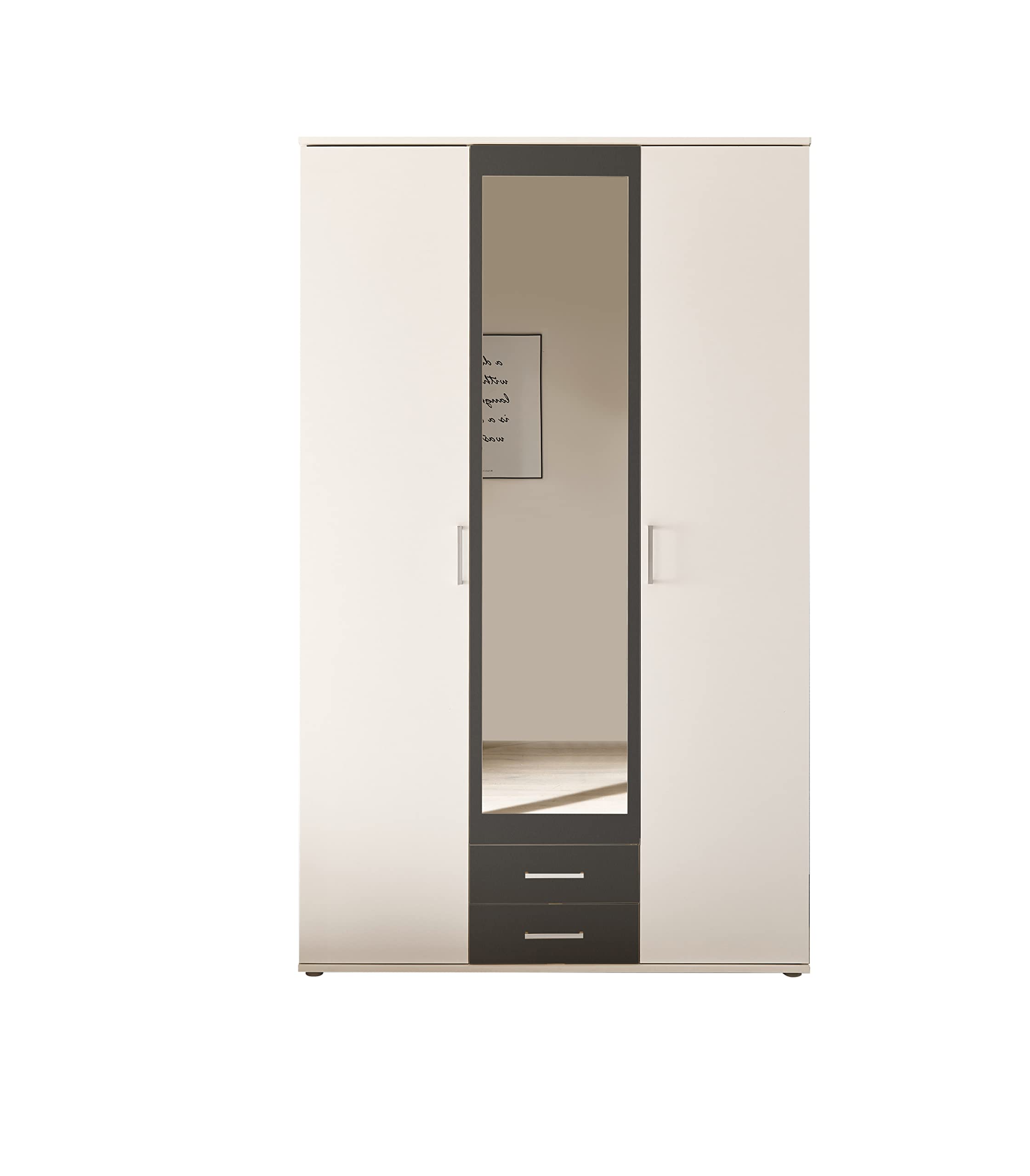 AVANTI TRENDSTORE Hanu - Armadio in legno laminato composto da 2 ante a battente, 1 anta a battente specchiata e 2 cassetti, disponibile in tre colori. Dimensioni LxAxP 120x196,3x53,5 cm