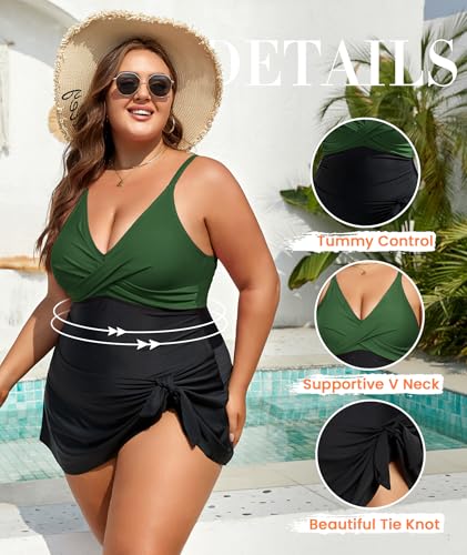 Women Plus Size Swim Dress Tummy Control One Piece Swimsuit V Neck Wrap Full Coverage Bathing Suit Cute Tie Knot3