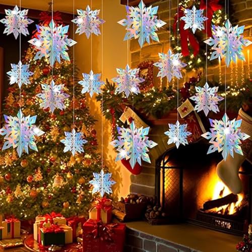 Image of HASTHIP 18PCS Christmas Snowflake Decorations, 3D Iridescent Paper Snowflakes Snow Flakes Garland for Christmas Winter Wonderland Snow White Holiday Birthday Party Decorations