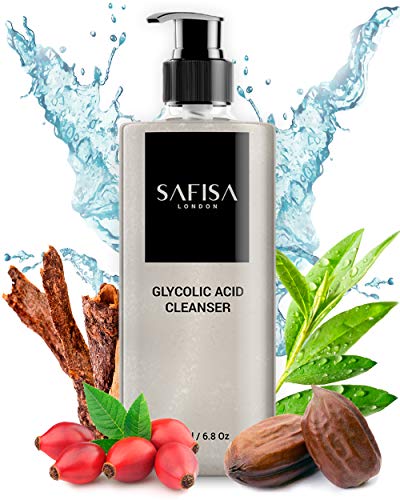 SAFISA Glycolic Acid Face Wash exfoliating cleanser 6.8 oz | AHA anti-aging, wrinkles, fine lines reducing skin gel | acne scar treatment deep cleansing facial wash | vitamin C, jojoba & tea tree oil