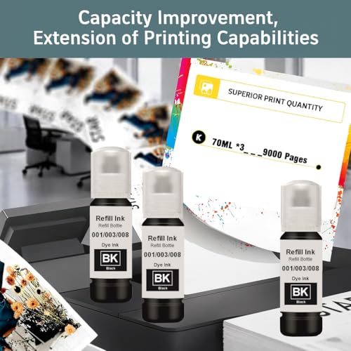 Image of KOSH 001 /003 /008 Refill Ink Compatible for Epson L3110, L3150, L3250, L3252 L3115, L3116, L3101, L3210, L3215, L3216, L3151, L3152, L3156, L5190 Printers (001 /003 /008 BK 70m x 3)