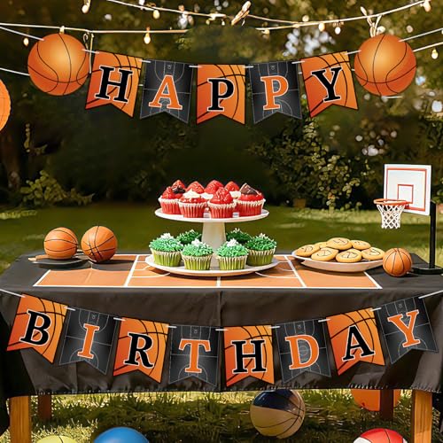 Image of Hooqict Basketball Happy Birthday Banner Birthday Party Decorations Basketball Party Banner Garland Sign for Kids Boys Men Sport Theme Game Day Decorations Supplies