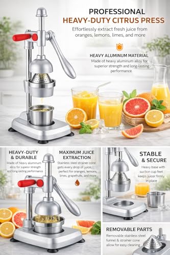 Image of Manual Citrus Juicer Heavy Duty Aluminum Hand Press - Professional Fruit Juicer for Orange, Lemon, Lime & Pomegranate - Easy Press, Durable, Kitchen Countertop Juice Extractor (Silver Grey)