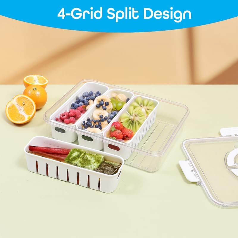 Image of Divided Fridge Storage Boxes With Serving Veggie Tray with Lid and Handle, Fridge Organizer with Removable Compartment, Fridge Storage Containers (4 Compartment-1PCS)