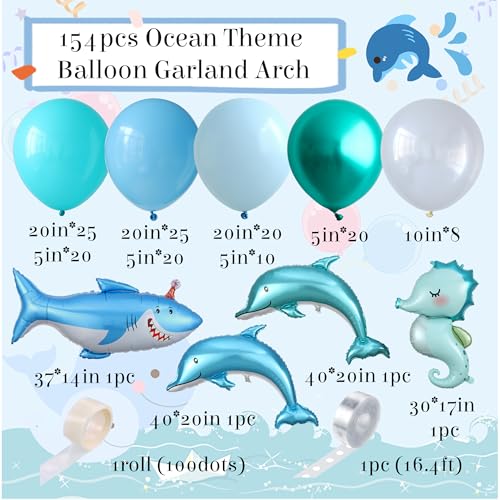 Image of Under the Sea Party Decorations, 154pcs Ocean Blue Balloon Garland Arch Kit, Blue Bubble Balloons with Dolphin Shark Hippocampus Foil Balloon for Ocean Birthday Party Supplies Shark Party Decor
