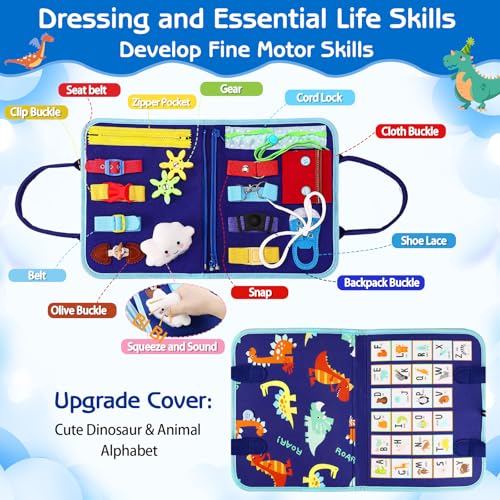 esjay toddler busy board montessori toys for boys sensory board educational activities for learning fine motor skills birthday gifts for boys toddlers travel toys for airplane car blue dinosaur