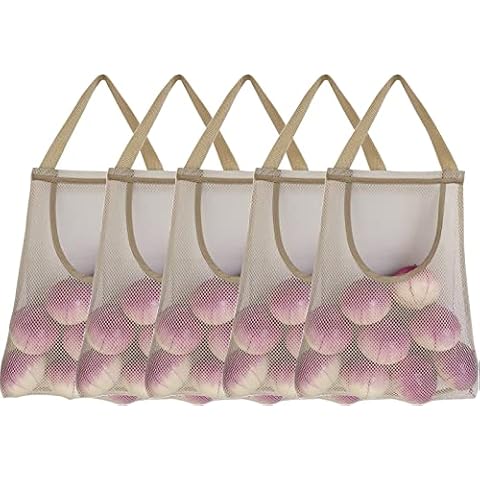 SHUYUE 5 Pack Hanging Mesh Storage Bags Potatoes Bags Onion Bags Mesh Garlic Net Bags Long and Large Reusable Net Storage Produce Bags for Kitchen Reusable Grocery Bags (Top opening beige) Cover