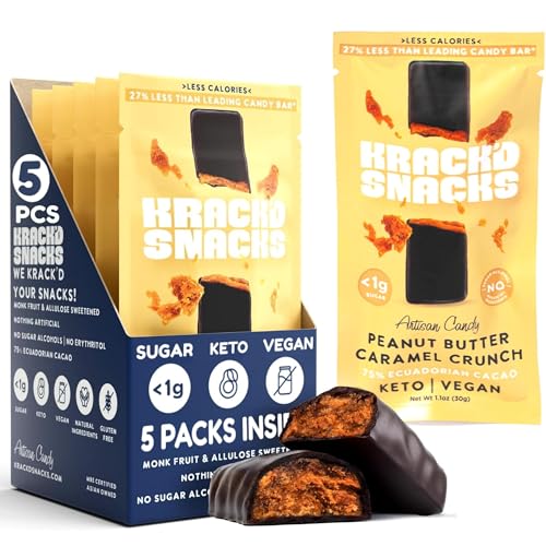 Krack’d Snacks Keto Chocolate Snack Bars 5 Pk | Handmade Low Carb, Sugar Free Dark Chocolates with Peanut Butter, Caramel Crunch, Allulose | Vegan, Non-GMO, Gluten Free Chocolate Candy Bar
