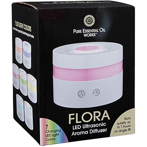 Pure Essential Oil Works Led Ultrasonic Aroma Diffuser, Flora, Two Mist Settings, Seven led Light Colors, 3.75" Round x 2.75" H Cover