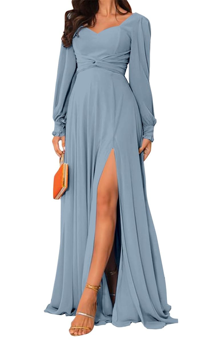 HPPEE Vestidos de dama de honor de manga larga para mujer con abertura de gasa, vestido formal de invitada de boda con bolsillos