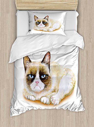 Ambesonne Animal Duvet Cover Set, Grumpy Siamese Cat Angry Paws Kitten Moody Feline Fluffy Love Art Print, Decorative 2 Piece Bedding Set with 1 Pillow Sham, Twin Size, Brown and Beige