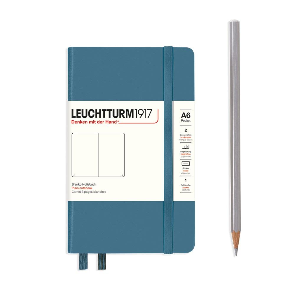 Notebook Hardcover Pocket A6-187 Numbered Pages for Writing and Journaling (Stone Blue, Plain)