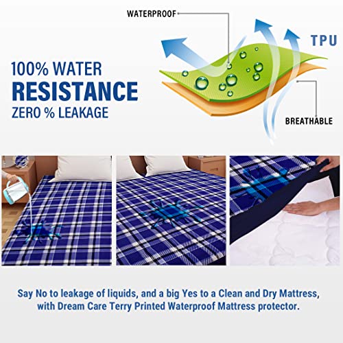 Image of Dream Care Waterproof Fitted Terry Cloth Printed Mattress Protector for Queen Size Bed with Elastic Strap - 78 inchX60 inch, Navy Blue