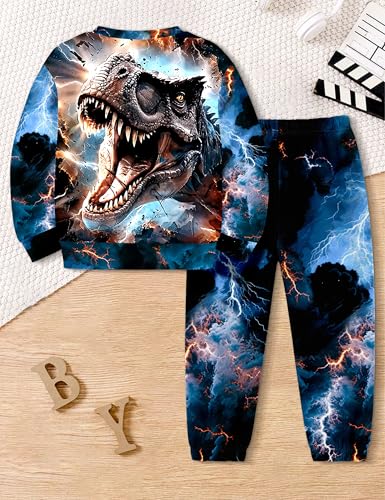 Image of Boys Clothes, T-Rex Print Dinosaur Boy Clothes Fall Winter Outfits Long-sleeved Hooded Sweatshirt Pants 2Pcs Set