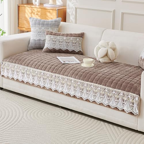 Image of HOKIPO 'BelleLace Series' Imperial Milk Velvet Sofa Cover Mat with Lace Design| Make Your Own Sofa Cover Set, Mat Length 90(D) x 120(L) cm, Mocha Brown (AR-5964-BRN)