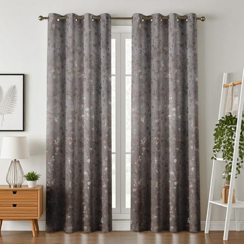 Image of Velvet Golden Foil Flower Pattern Curtains 7 Feet Long Pack of 1, Grey