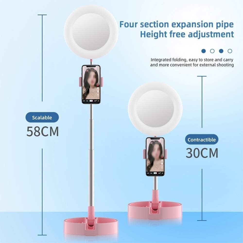 Luce di riempimento Luce di riempimento ad anello da tavolo da 6 pollici con supporto per telefono, 38-58 cm regolabile in altezza, sorgente luminosa a 3 colori, luminosità a 10 livelli dimmerabile